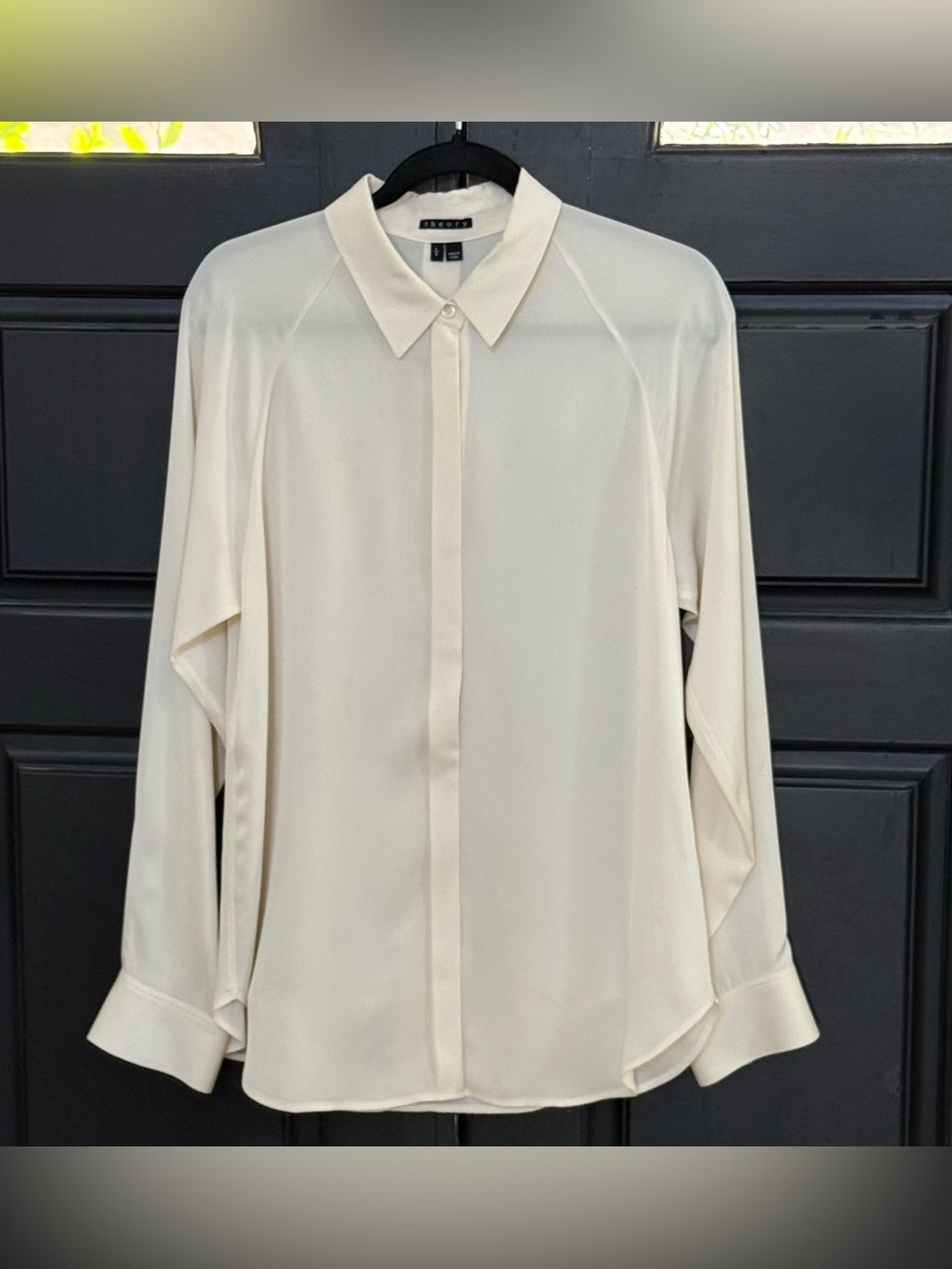 Theory Silk Raglan Sleeve Button Down Blouse Ivory